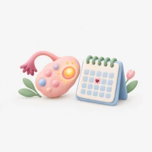 Ilustración de un ovario con un folículo y un calendario con el día fértil marcado