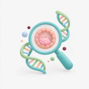 Ilustración de un embrión bajo una lupa con una cadena de ADN