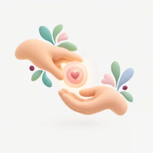 Ilustración de dos manos compartiendo un óvulo con un corazón