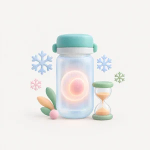 Ilustración de un vial de congelación con un óvulo y copos de nieve